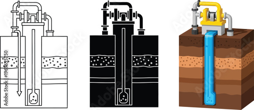 Groundwater well pump system vector illustration set showing water extraction from underground aquifers in outline silhouette and colorful cross-section styles for educational or engineering diagrams