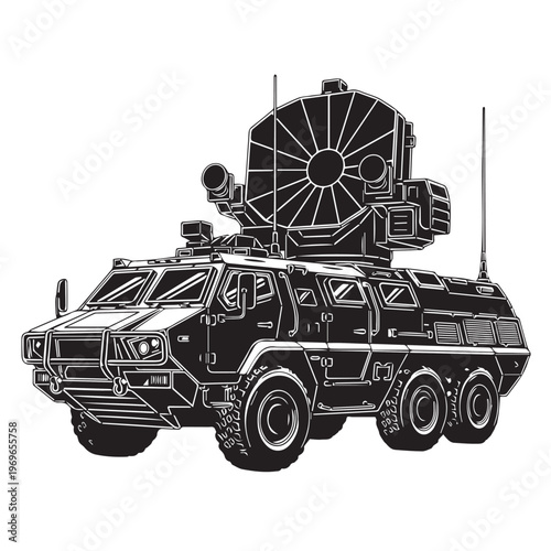Military armored vehicle with a mounted radar system and large satellite dish on rugged transport chassis.