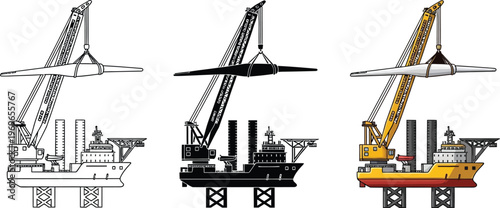 Offshore wind turbine installation vessel with heavy lift crane depicted in a versatile vector illustration set including line art silhouette and colored styles ideal for renewable energy projects