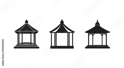 Black silhouettes of three different gazebos with roofs and pillars on white background  simple iconic structures
