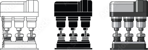 Multi-spindle drilling machine vector icon set presented in outline solid and grayscale styles perfect for industrial automation and manufacturing graphics