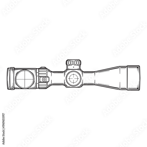 Line drawing of a riflescope with adjustment turrets, knobs, and lenses for precision aiming.
