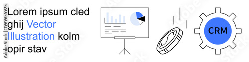 Business development, CRM solutions, analytics, data management, teamwork, financial strategies. Illustration shows a chart, gear with CRM text and falling coin. Business analytics and CRM concept