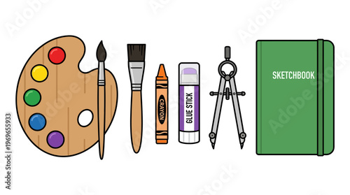 Art supplies collection with paintbrushes and coloring tools for creative projects