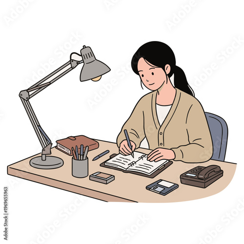 A woman sits at her desk studying with a lamp on.