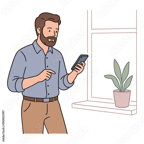 Man stands by window looking at smartphone with plant nearby indoors