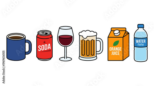 Vector illustration of various drinks including coffee, soda, wine, beer, juice, and water