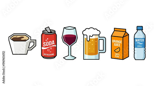 Drinks icons set including coffee, soda, wine, beer, juice and water