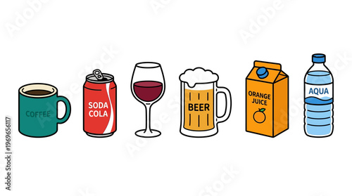 Vector illustration of various drinks including coffee, soda, wine, beer, juice, and water