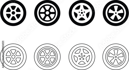 Car wheel icon set. Black rubber wheel tire collection. Vehicle, road, transport, auto - stock vector .car tire icons with different rim designs isolated  automotive transport and garage. isolated on 