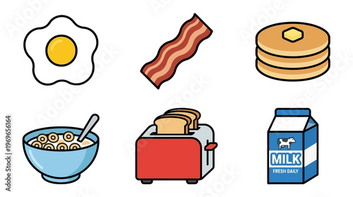 Breakfast food icons set including egg, bacon, pancakes, cereal, toaster and milk carton illustration