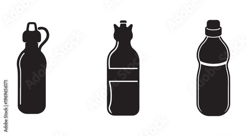 Black silhouettes of three different plastic water bottles with various caps and designs on white background  isolated  no brand