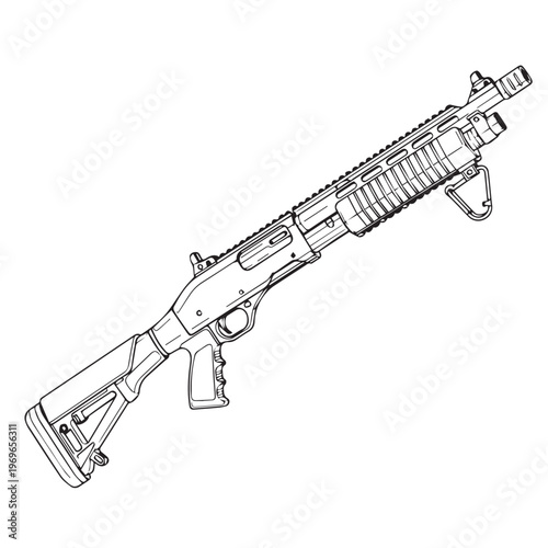 Illustration of a modern assault rifle shown in side profile with detailed components and mechanical features.