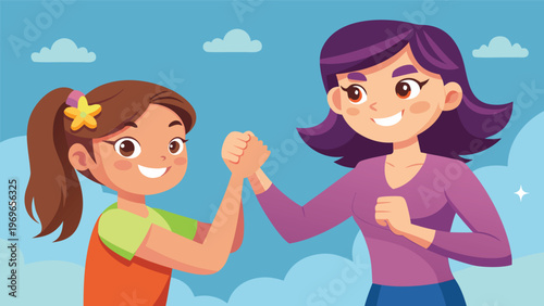 Challenge between a girl and her mother in a friendly arm wrestling match in a cartoon setting during a bright day