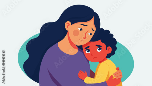 Mother comforts child while feeling sad in a simple drawing
