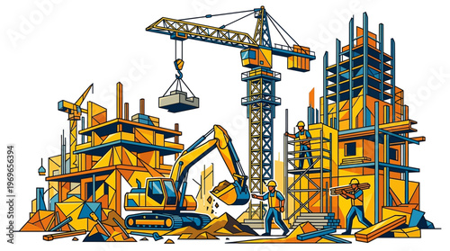 Construction site with crane and excavator.