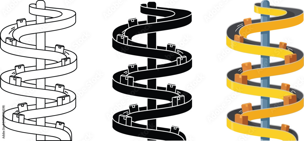 Φωτογραφία Spiral conveyor belt system with boxes depicted in outline solid and colored vec