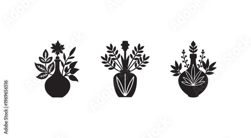 Black silhouettes of vases with flowers and leaves  simple floral designs