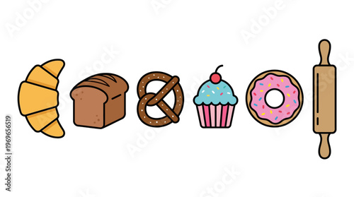 Baked goods icons including croissant, bread, pretzel, cupcake and donut with rolling pin
