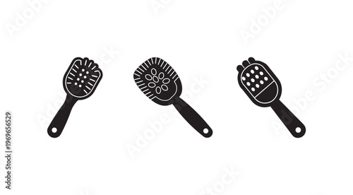 Black silhouettes of three kitchen utensils with different food on them  isolated on white background