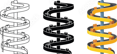 Φωτογραφία Spiral conveyor belt system with boxes depicted in outline solid and colored vec