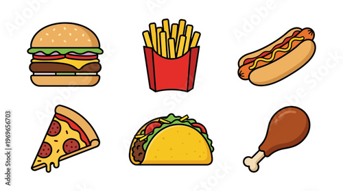 Fast food icons including burger, fries, hot dog, pizza, taco, and chicken leg
