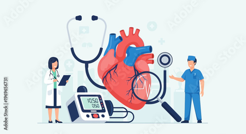 Cardiology concept: Doctors examine human heart with stethoscope and blood pressure monitor