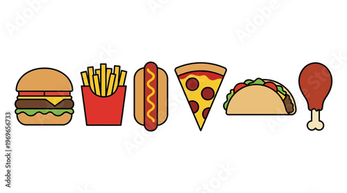 Fast food icons including burger, fries, hot dog, pizza, taco, and chicken leg on white background