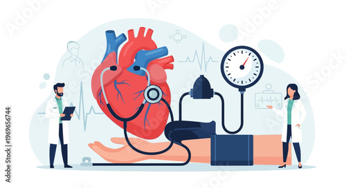 Cardiology concept: Doctors measuring blood pressure near giant heart illustration