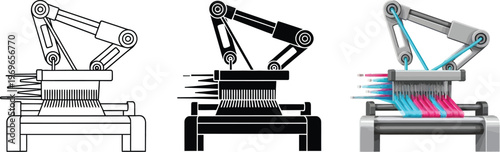 Set of robotic weaving loom illustrations showcasing modern textile production with outline solid and colored versions for industrial concepts