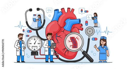 Cardiology Team Examining Human Heart and Blood Vessels with Medical Equipment