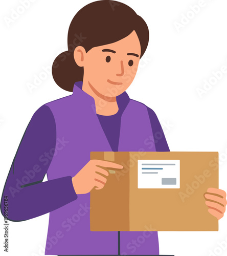 Woman holding and showing a brown cardboard package with a label
