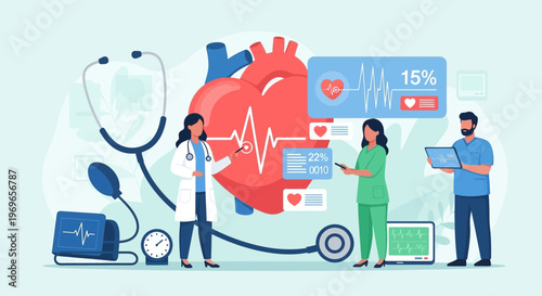Cardiology Team Analyzing Heart Health Data with Medical Equipment
