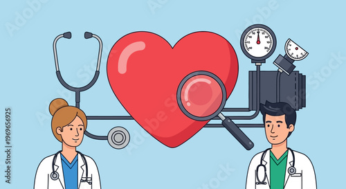 Doctors examining a large red heart with stethoscope and blood pressure monitor, medical concept