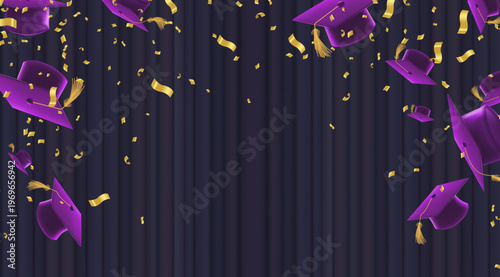 Celebration graduation background featuring purple graduation caps with golden tassels flying and floating across  dark purple pleated curtain backdrop