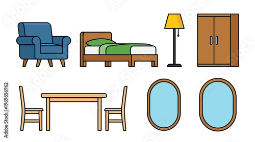 Vector illustration of furniture set with chair, bed, lamp, wardrobe, table, and mirrors