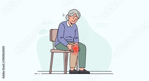 Elderly woman suffering from knee pain, arthritis, inflammation, and joint discomfort sitting on a chair.