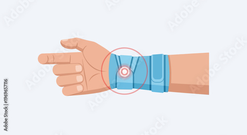 Hand with wrist brace and pain indicator on light blue background