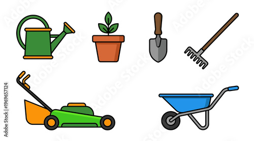 Gardening tools icons set including watering can, lawn mower, wheelbarrow and plant