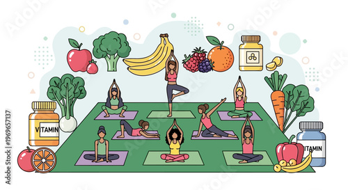 Healthy Lifestyle: Yoga, Fruits, Vegetables, and Vitamins