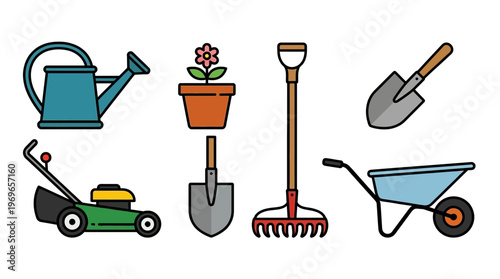 Gardening tools and equipment vector illustration set including watering can and lawn mower