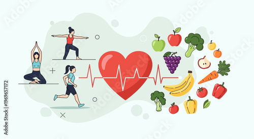 Healthy Lifestyle: Yoga, Running, Heart Health, and Fresh Fruits & Vegetables