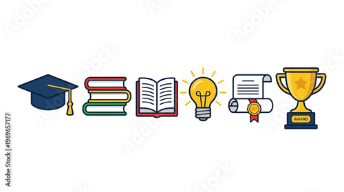 Educational icons representing learning, achievement, and success in academics