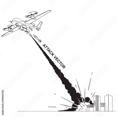 Illustration of a jet aircraft attacking a city with smoke and explosion, depicted in bold monochrome line art.