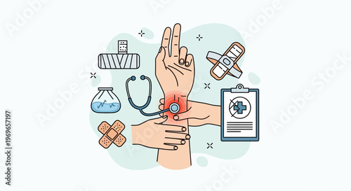 Medical care for wrist pain: stethoscope, bandages, first aid kit, and medical chart.