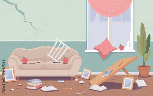 A messy living room with a destroyed couch and scattered debris