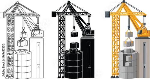 Vector illustration set of a tower crane at a construction site showing building progress in outline silhouette and full-color styles ideal for industrial and engineering designs
