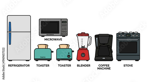 Kitchen appliances collection including refrigerator microwave toaster blender coffee machine and stove