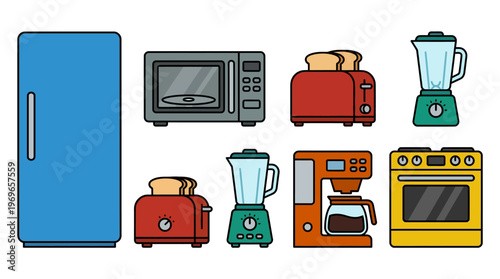 Kitchen appliances collection including refrigerator and toaster