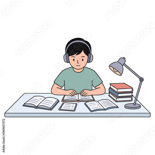 A young boy wearing headphones studies at a desk with books and a lamp.